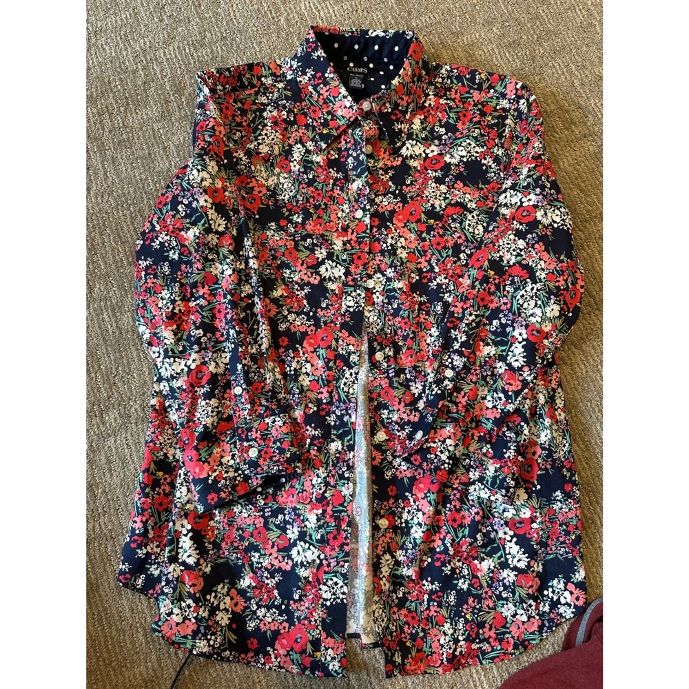 Chaps No Iron Floral Button Down Shirt Navy Red White Polka Dot Trim Medium